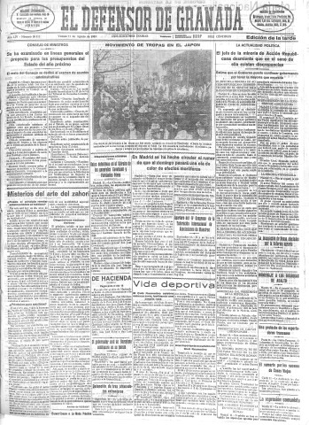 'El Defensor de Granada  : diario político independiente' - Año LIV Número 28812 Ed. Tarde - 1933 Agosto 11