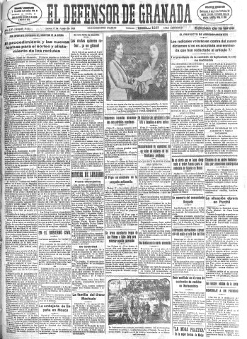 'El Defensor de Granada  : diario político independiente' - Año LIV Número 28822 Ed. Tarde - 1933 Agosto 17