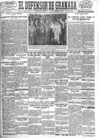 'El Defensor de Granada  : diario político independiente' - Año LIV Número 28829 Ed. Tarde - 1933 Agosto 22