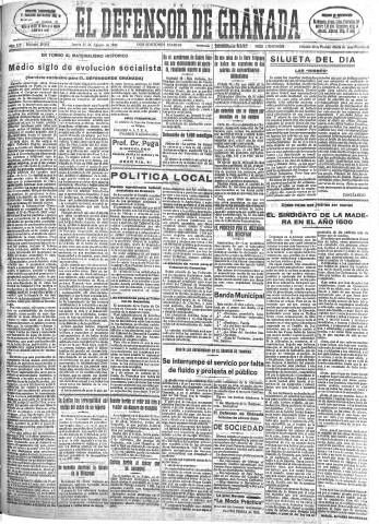 'El Defensor de Granada  : diario político independiente' - Año LIV Número 28844 Ed. Mañana - 1933 Agosto 31