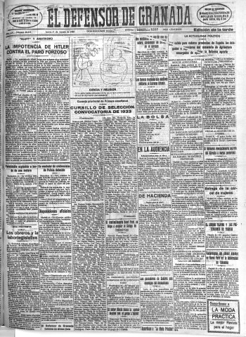 'El Defensor de Granada  : diario político independiente' - Año LIV Número 28845 Ed. Tarde - 1933 Agosto 31