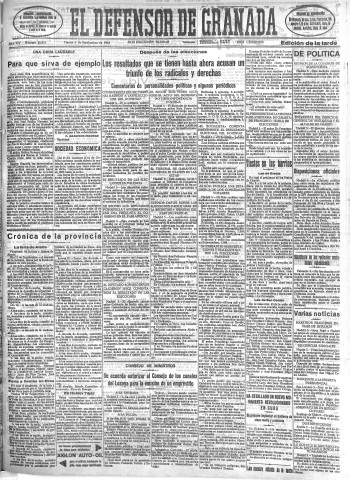 'El Defensor de Granada  : diario político independiente' - Año LIV Número 28853 Ed. Tarde - 1933 Septiembre 05