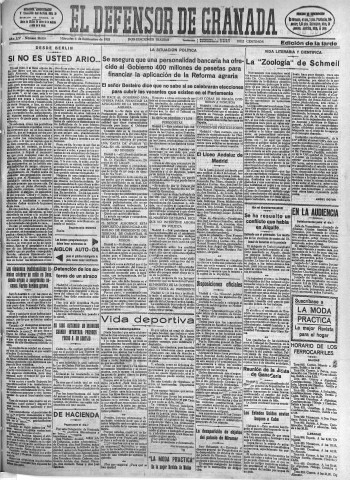 'El Defensor de Granada  : diario político independiente' - Año LIV Número 28855 Ed. Tarde - 1933 Septiembre 06