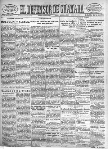 'El Defensor de Granada  : diario político independiente' - Año LIV Número 28857 Ed. Tarde - 1933 Septiembre 07