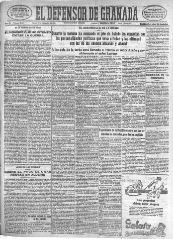 'El Defensor de Granada  : diario político independiente' - Año LIV Número 28861 Ed. Tarde - 1933 Septiembre 09
