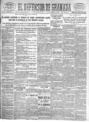 'El Defensor de Granada  : diario político independiente' - Año LIV Número 28865 Ed. Tarde - 1933 Septiembre 12