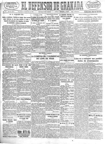 'El Defensor de Granada  : diario político independiente' - Año LIV Número 28879 Ed. Tarde - 1933 Septiembre 20