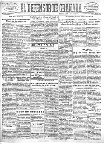 'El Defensor de Granada  : diario político independiente' - Año LIV Número 28888 Ed. Mañana - 1933 Septiembre 26