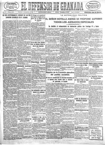 'El Defensor de Granada  : diario político independiente' - Año LIV Número 28891 Ed. Tarde - 1933 Septiembre 27