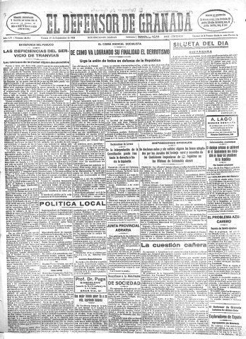 'El Defensor de Granada  : diario político independiente' - Año LIV Número 28894 Ed. Mañana - 1933 Septiembre 29