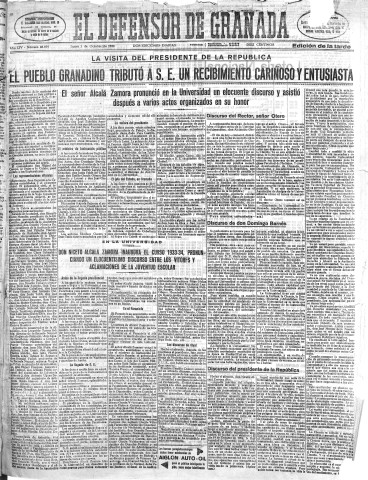 'El Defensor de Granada  : diario político independiente' - Año LIV Número 28899 Ed. Tarde - 1933 Octubre 02