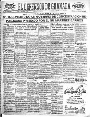 'El Defensor de Granada  : diario político independiente' - Año LIV Número 28911 Ed. Tarde - 1933 Octubre 09
