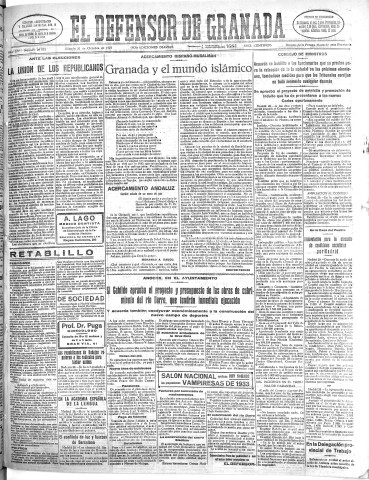 'El Defensor de Granada  : diario político independiente' - Año LIV Número 28932 Ed. Mañana - 1933 Octubre 21