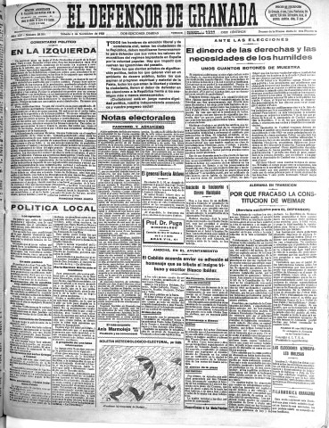 'El Defensor de Granada  : diario político independiente' - Año LIV Número 28954 Ed. Mañana - 1933 Noviembre 04