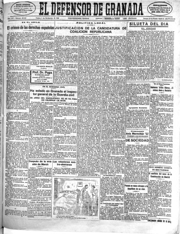 'El Defensor de Granada  : diario político independiente' - Año LIV Número 28958 Ed. Mañana - 1933 Noviembre 07