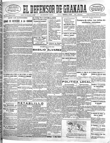 'El Defensor de Granada  : diario político independiente' - Año LIV Número 28962 Ed. Mañana - 1933 Noviembre 09