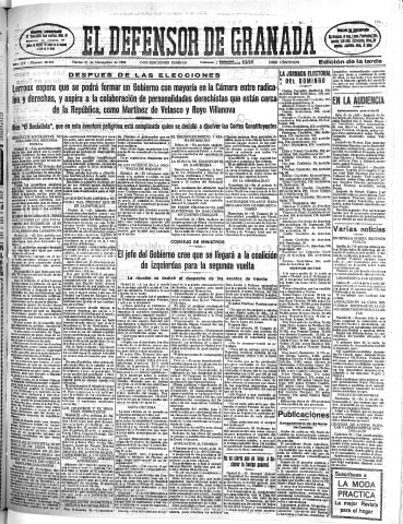 'El Defensor de Granada  : diario político independiente' - Año LIV Número 28983 Ed. Tarde - 1933 Noviembre 21