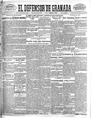 'El Defensor de Granada  : diario político independiente' - Año LIV Número 28986 Ed. Mañana - 1933 Noviembre 23