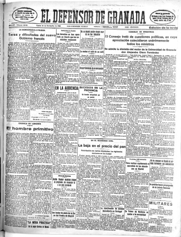 'El Defensor de Granada  : diario político independiente' - Año LIV Número 28995 Ed. Tarde - 1933 Noviembre 28