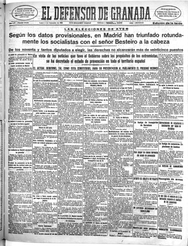 'El Defensor de Granada  : diario político independiente' - Año LIV Número 29005 Ed. Tarde - 1933 Diciembre 04