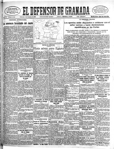 'El Defensor de Granada  : diario político independiente' - Año LIV Número 29008 Ed. Tarde - 1933 Diciembre 06