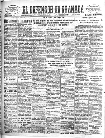 'El Defensor de Granada  : diario político independiente' - Año LIV Número 29012 Ed. Tarde - 1933 Diciembre 08