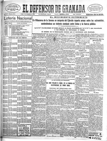 'El Defensor de Granada  : diario político independiente' - Año LIV Número 29016 Ed. Tarde - 1933 Diciembre 11