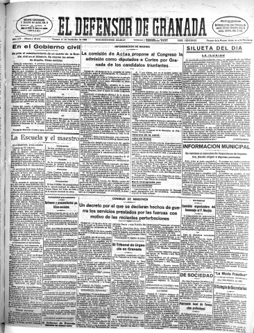 'El Defensor de Granada  : diario político independiente' - Año LIV Número 29023 Ed. Mañana - 1933 Diciembre 15