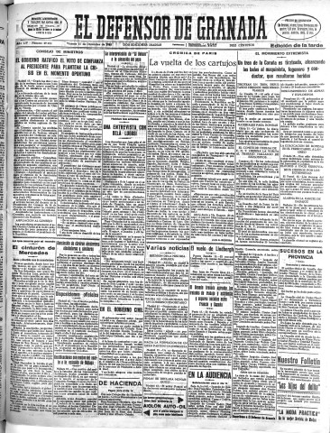 'El Defensor de Granada  : diario político independiente' - Año LIV Número 29024 Ed. Tarde - 1933 Diciembre 15