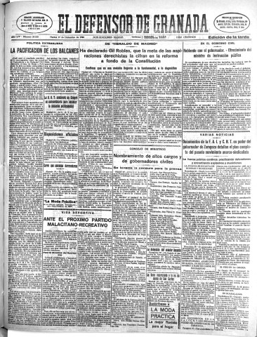 'El Defensor de Granada  : diario político independiente' - Año LIV Número 29030 Ed. Tarde - 1933 Diciembre 19