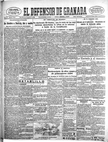 'El Defensor de Granada  : diario político independiente' - Año LIV Número 29031 Ed. Mañana - 1933 Diciembre 20