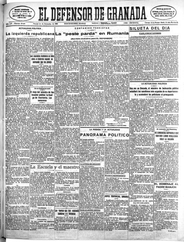 'El Defensor de Granada  : diario político independiente' - Año LIV Número 29035 Ed. Mañana - 1933 Diciembre 22