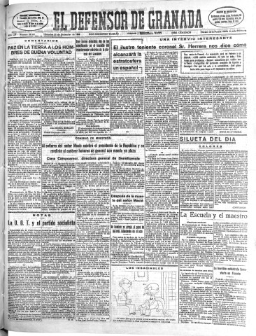 'El Defensor de Granada  : diario político independiente' - Año LIV Número 29043 Ed. Mañana - 1933 Diciembre 27