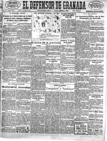 'El Defensor de Granada  : diario político independiente' - Año LV Número 29054 Ed. Tarde - 1934 Enero 02