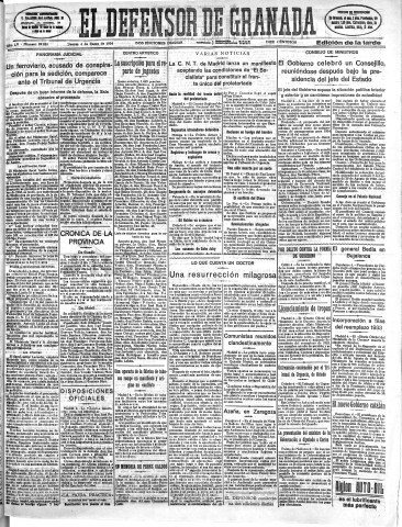 'El Defensor de Granada  : diario político independiente' - Año LV Número 29058 Ed. Tarde - 1934 Enero 04