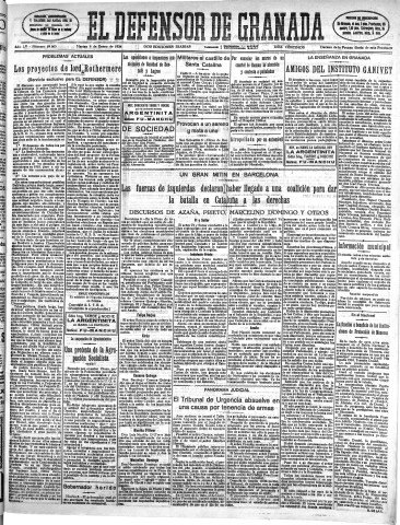 'El Defensor de Granada  : diario político independiente' - Año LV Número 29065 Ed. Mañana - 1934 Enero 09