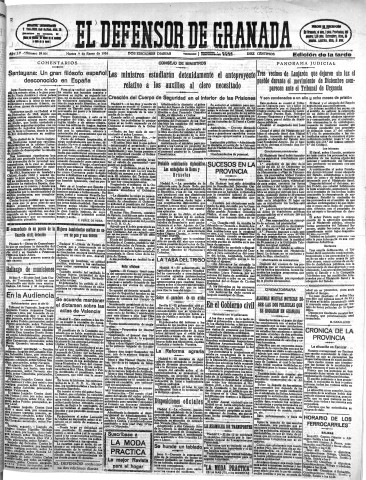 'El Defensor de Granada  : diario político independiente' - Año LV Número 29066 Ed. Tarde - 1934 Enero 09