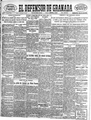 'El Defensor de Granada  : diario político independiente' - Año LV Número 29072 Ed. Tarde - 1934 Enero 12