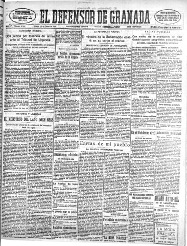 'El Defensor de Granada  : diario político independiente' - Año LV Número 29074 Ed. Tarde - 1934 Enero 13