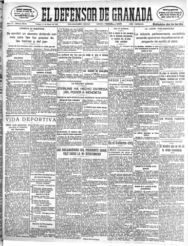 'El Defensor de Granada  : diario político independiente' - Año LV Número 29084 Ed. Tarde - 1934 Enero 19