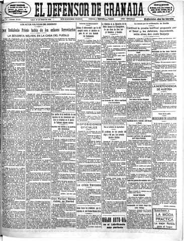 'El Defensor de Granada  : diario político independiente' - Año LV Número 29100 Ed. Tarde - 1934 Enero 29
