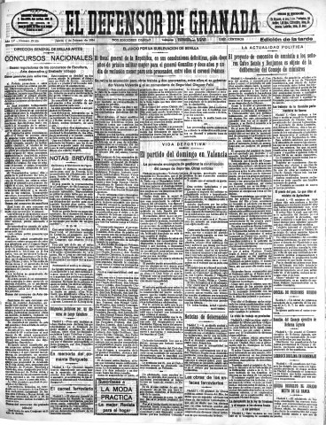 'El Defensor de Granada  : diario político independiente' - Año LV Número 29106 Ed. Tarde - 1934 Febrero 01