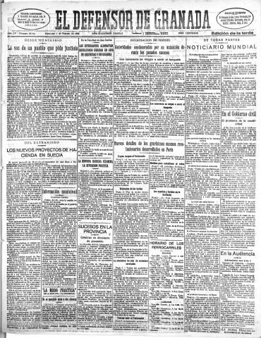 'El Defensor de Granada  : diario político independiente' - Año LV Número 29116 Ed. Tarde - 1934 Febrero 07
