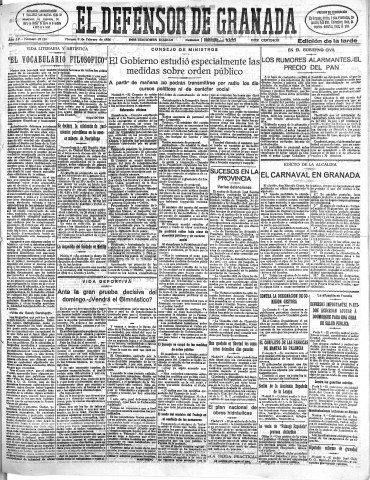 'El Defensor de Granada  : diario político independiente' - Año LV Número 29120 Ed. Tarde - 1934 Febrero 09