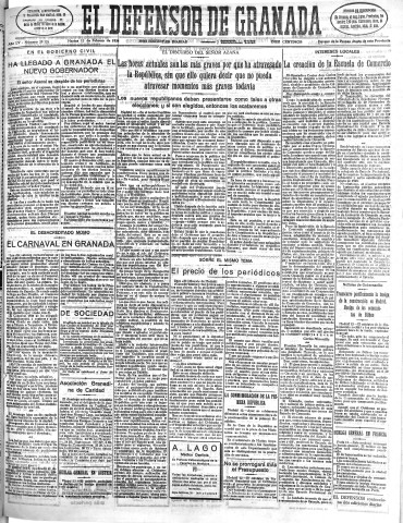'El Defensor de Granada  : diario político independiente' - Año LV Número 29125 Ed. Mañana - 1934 Febrero 13