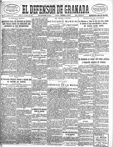 'El Defensor de Granada  : diario político independiente' - Año LV Número 29126 Ed. Tarde - 1934 Febrero 13