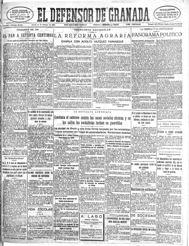 'El Defensor de Granada  : diario político independiente' - Año LV Número 29129 Ed. Mañana - 1934 Febrero 15