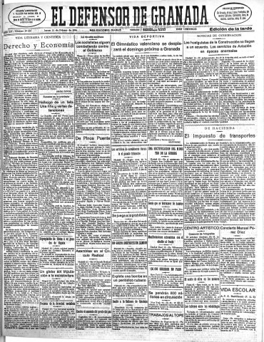 'El Defensor de Granada  : diario político independiente' - Año LV Número 29130 Ed. Tarde - 1934 Febrero 15