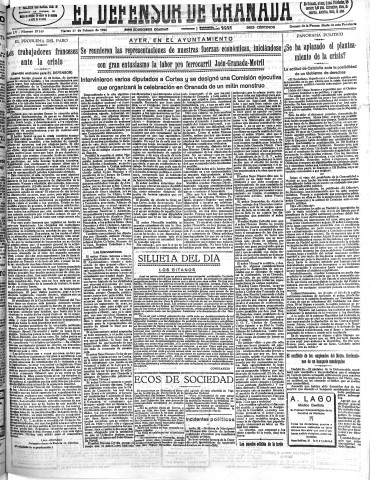 'El Defensor de Granada  : diario político independiente' - Año LV Número 29149 Ed. Mañana - 1934 Febrero 27