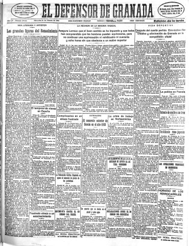 'El Defensor de Granada  : diario político independiente' - Año LV Número 29152 Ed. Tarde - 1934 Febrero 28